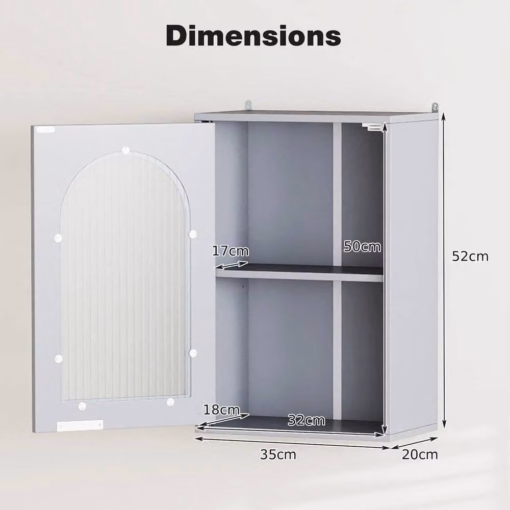 KORVIXA Grey Wall Mounted Bathroom Cabinet with Glass Doors and Internal Shelves – 2