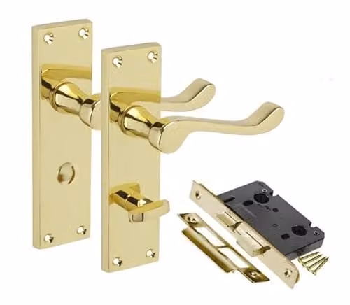 Golden Grace Victorian Scroll Brass Bathroom Door Handles in Gold with 64mm Lock Set