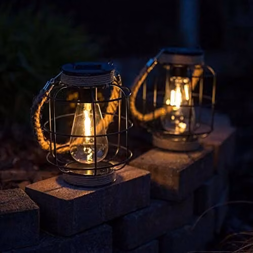 MiniSun Set of 2 Solar Powered Hanging Hemp Rope Cage Lanterns in Brown with Warm White LED Light