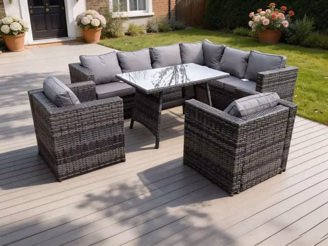 Fimous Rattan Garden Furniture Set with Glass Top Dining Table and 6 Chairs in Grey – 2