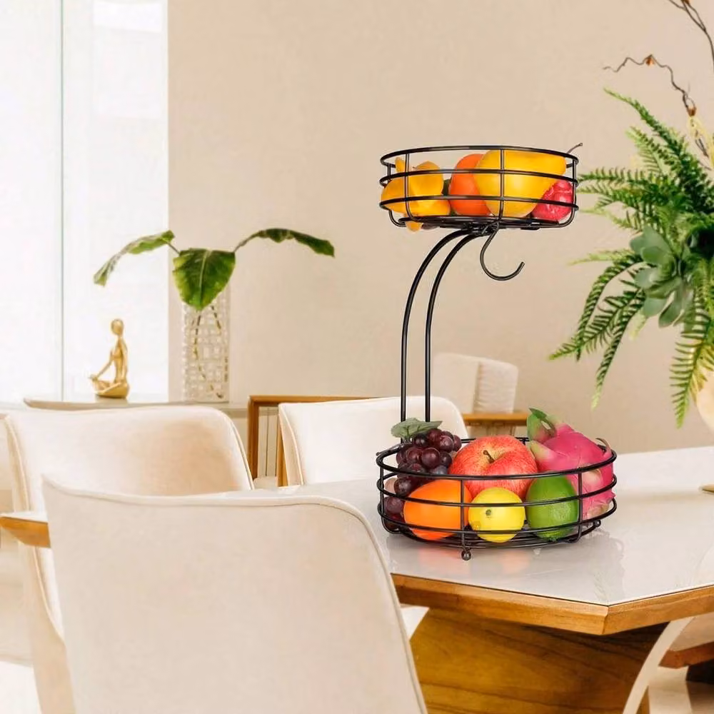 NESTLUNE 2-Tier Metal Fruit Basket with Banana Hook in Black – 3