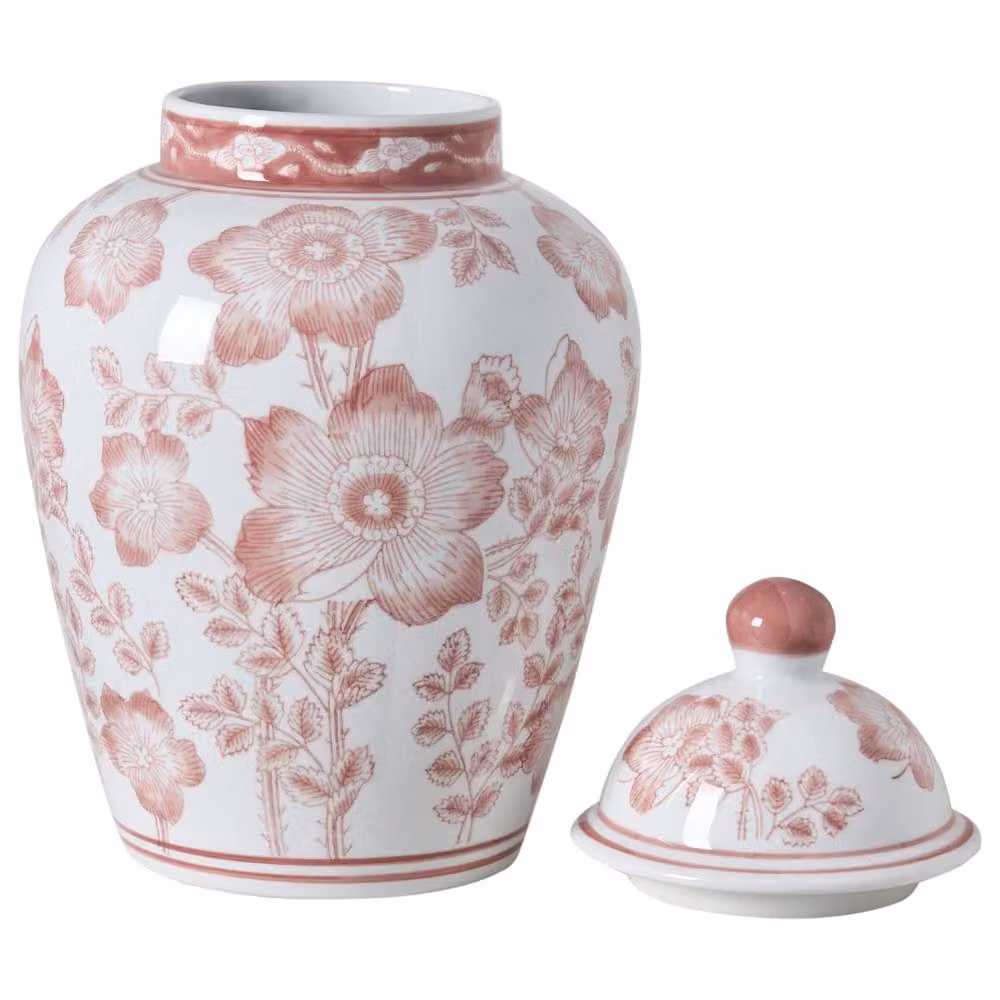 Wyld and Coco Porcelain Lidded Ginger Jar Vase with Red Floral Design in White, W/D/H: 18 x 18 x 36 cm – 2