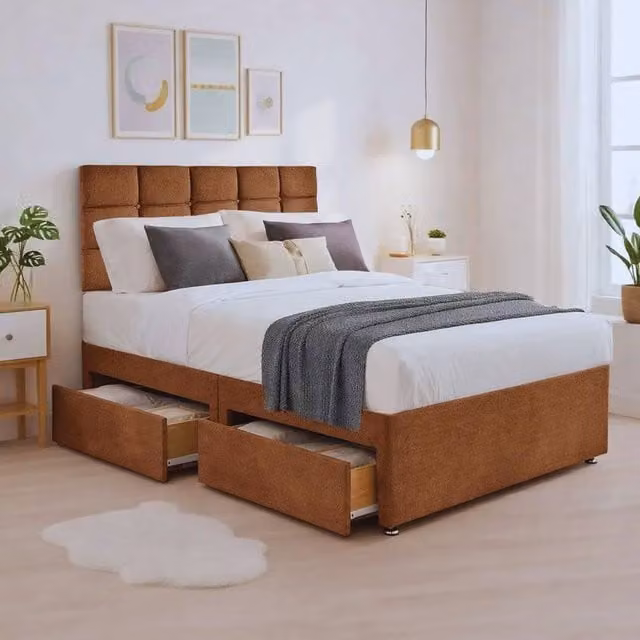 Bed Time UK Plush Divan Bed with Mattress, 20" Cubic Headboard and 2 Drawers in Brown, W/D/H: 90 x 200 cm