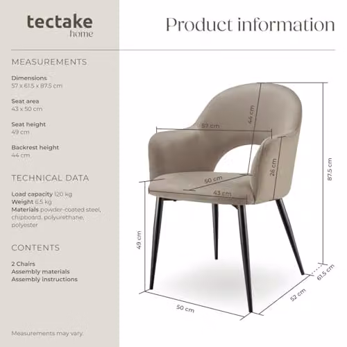 tectake Set of 2 Sasha Dining Chairs in Taupe Velvet Fabric with Metal Legs – 3