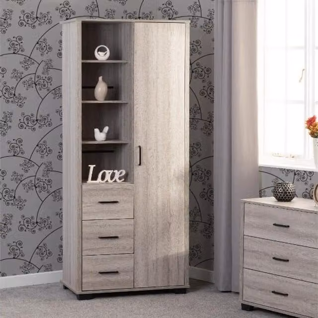 Seconique Oliver 1 Door 3 Drawer Wardrobe with Open Shelf in Oak