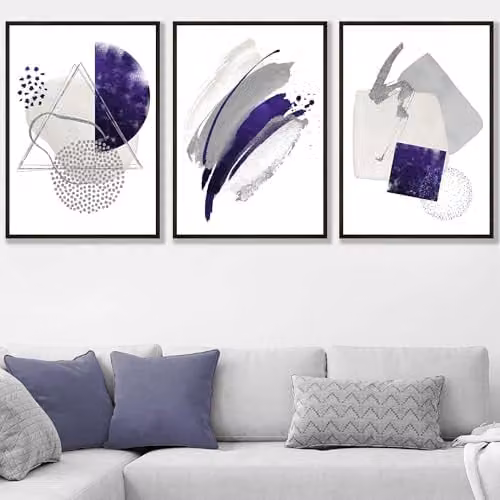ARTZE Set of 3 Abstract Purple, Grey and Silver Watercolour Shape Paper Posters, W: 42 cm, H: 59.4 cm