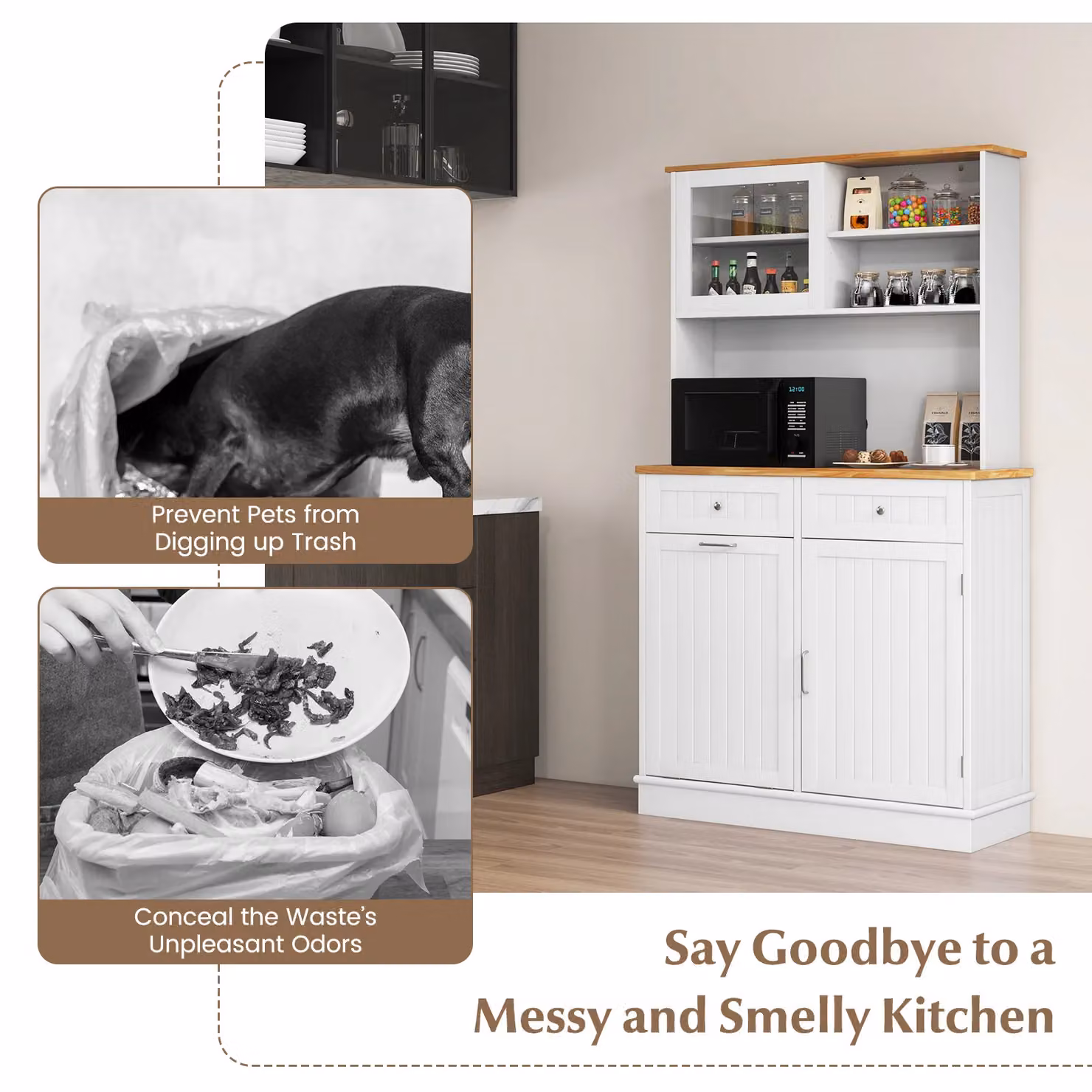Gymax White Kitchen Pantry Cabinet with Tilt Out Trash Storage and Hutch Sideboard – 6