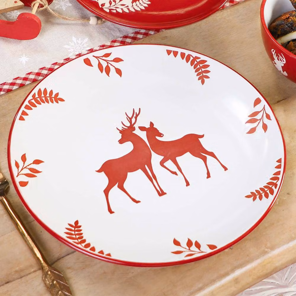 Dibor 18 Piece Reindeer Christmas Dinner Set in Red and White Ceramic Crockery for 6 People – 2