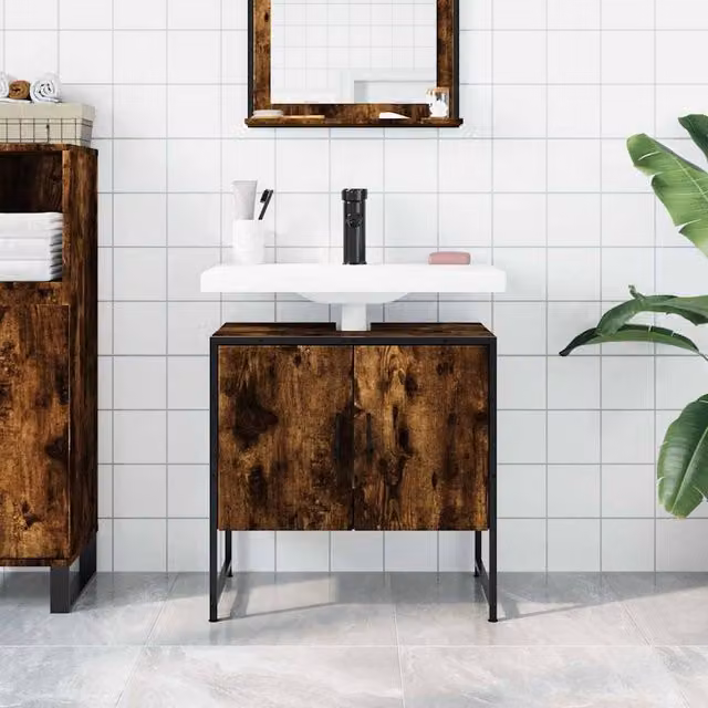 Berkfield Home Smoked Oak Bathroom Sink Cabinet in Brown, W/D/H: 60 x 33 x 60 cm