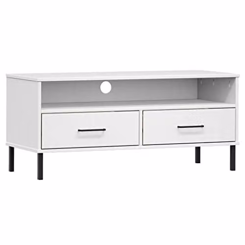 vidaXL OSLO TV Cabinet in White Solid Pine Wood with Metal Legs – 1