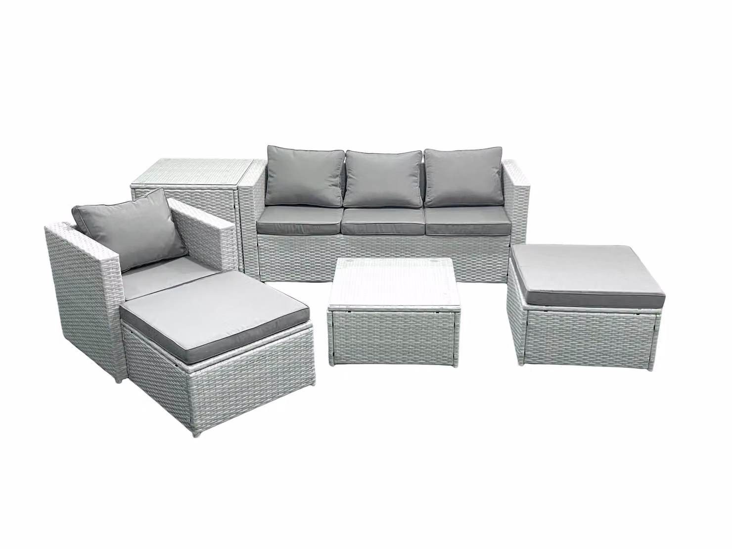Fimous Garden 6 Seater Rattan Outdoor Furniture Set in Light Grey with Upholstered Cushions, Armchair, Coffee Table and Ottomans – 2