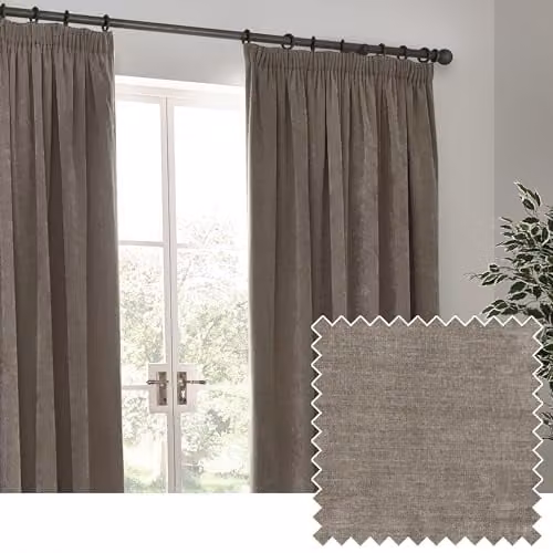 Yard Heavy Chenille Velvet Pencil Pleat Curtain Pair in Taupe, W: 229 cm, D: 183 cm