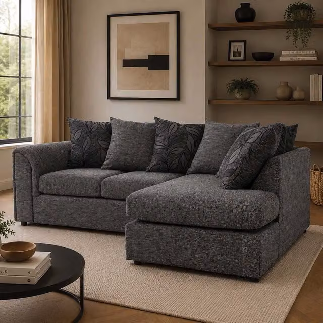 Furnishings For Less UK Byron Dundee Chenille Fabric 3 to 4 Seater L Shaped Corner Sofa, Grey, Right Hand Facing – 1