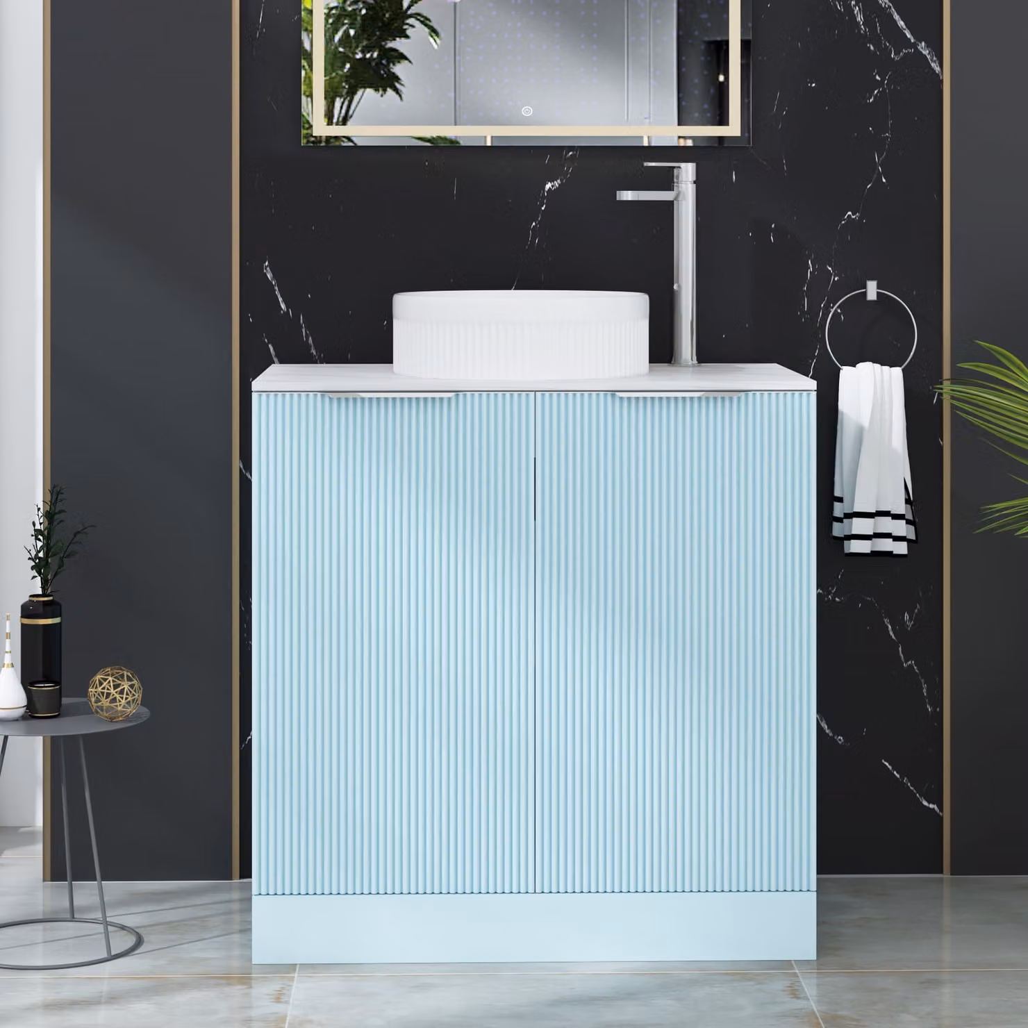 Royal Bathrooms Evora 800mm Powder Blue Fluted Floor Standing Countertop Vanity Unit with 2 Soft Close Doors and Round Basin