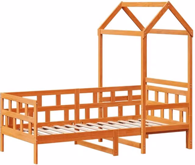 Berkfield Home Beautiful Day Bed with Roof in Wax Brown Solid Pine Wood, W/D/H: 90 x 200 cm