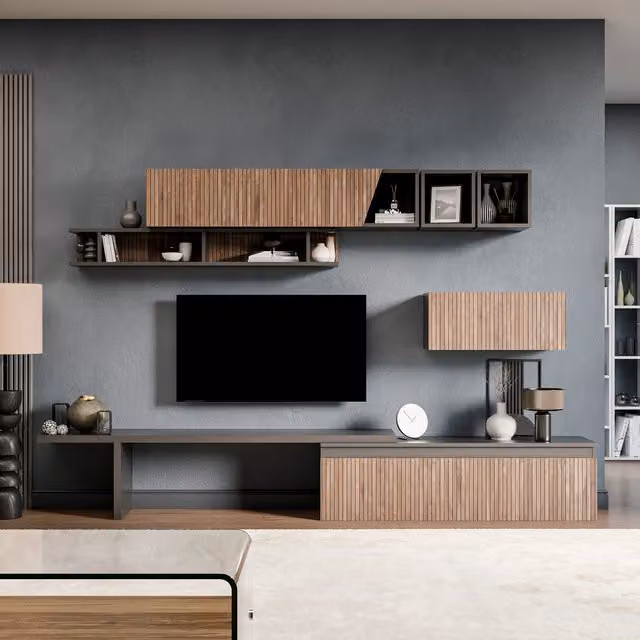 Decorotika Mery Modern Geometric Wall Mounted Entertainment Center in Black and Alina