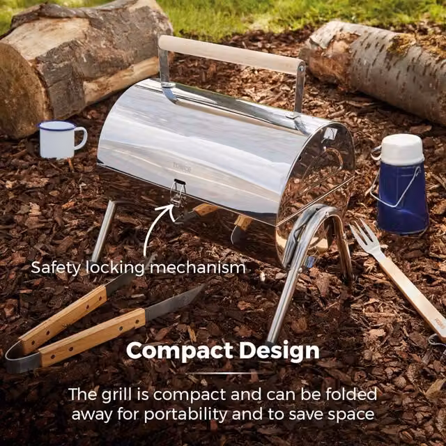 Tower Portable Tabletop Barrel Charcoal Grill in Silver
