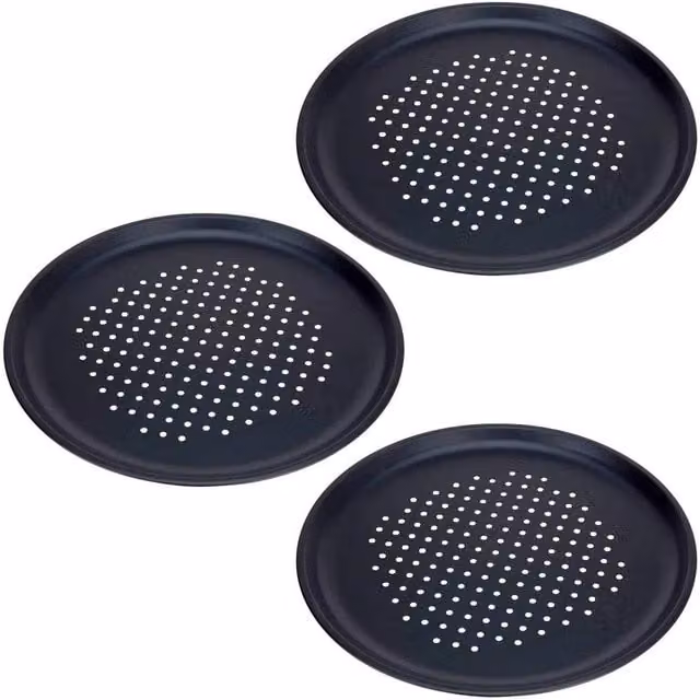 NESTLUNE Set of 3 Black Non-Stick Round Carbon Steel Pizza Trays, Diameter: 32 cm – 1