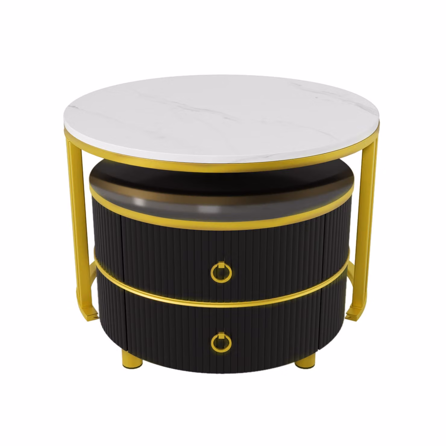 Aosom UK 2-in-1 Round Coffee Table Set with High-Gloss Tops and 2 Drawers, White and Black, W: 70 cm, D: 70 cm, H: 46 cm – 2