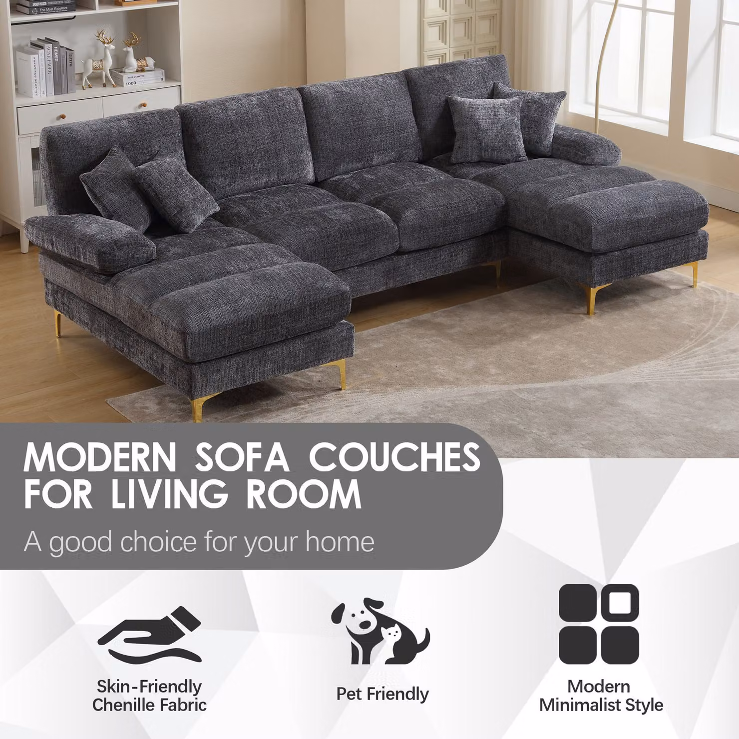 Aosom UK U-Shaped Modular Chenille Fabric Sectional Sofa with Double Chaise and Scatter Cushions, Grey, W/D/H: 272 x 136 x 88 cm – 3
