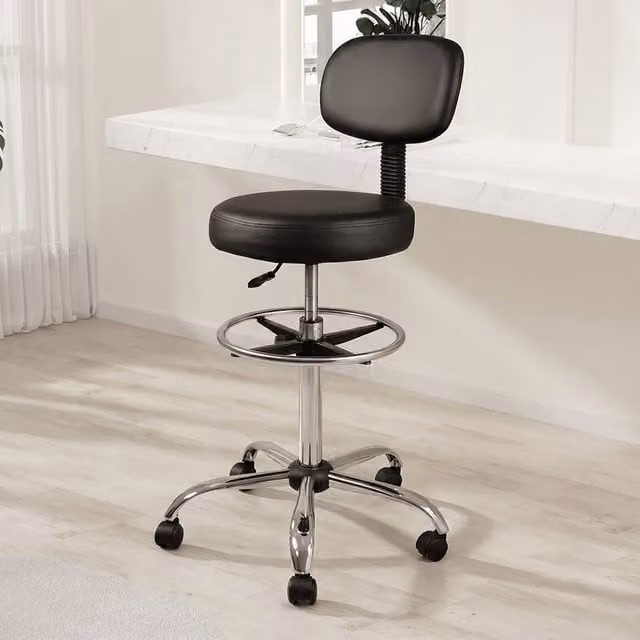 Levede High Back Drafting Chair in Black PVC Leather with Foot Ring and Castors