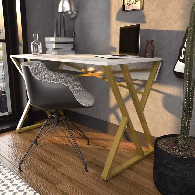 Decorotika Gyza Computer Desk in White and Gold with Metal Legs – 2