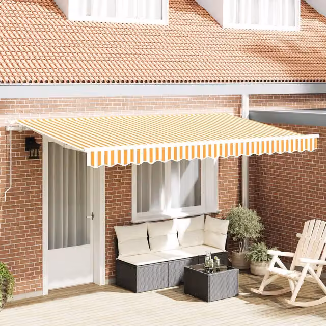 Berkfield Home Manual Retractable Wall-Mounted Folding Arm Garden Awning, Yellow and White Striped, W: 400 cm, D: 200 cm – 1