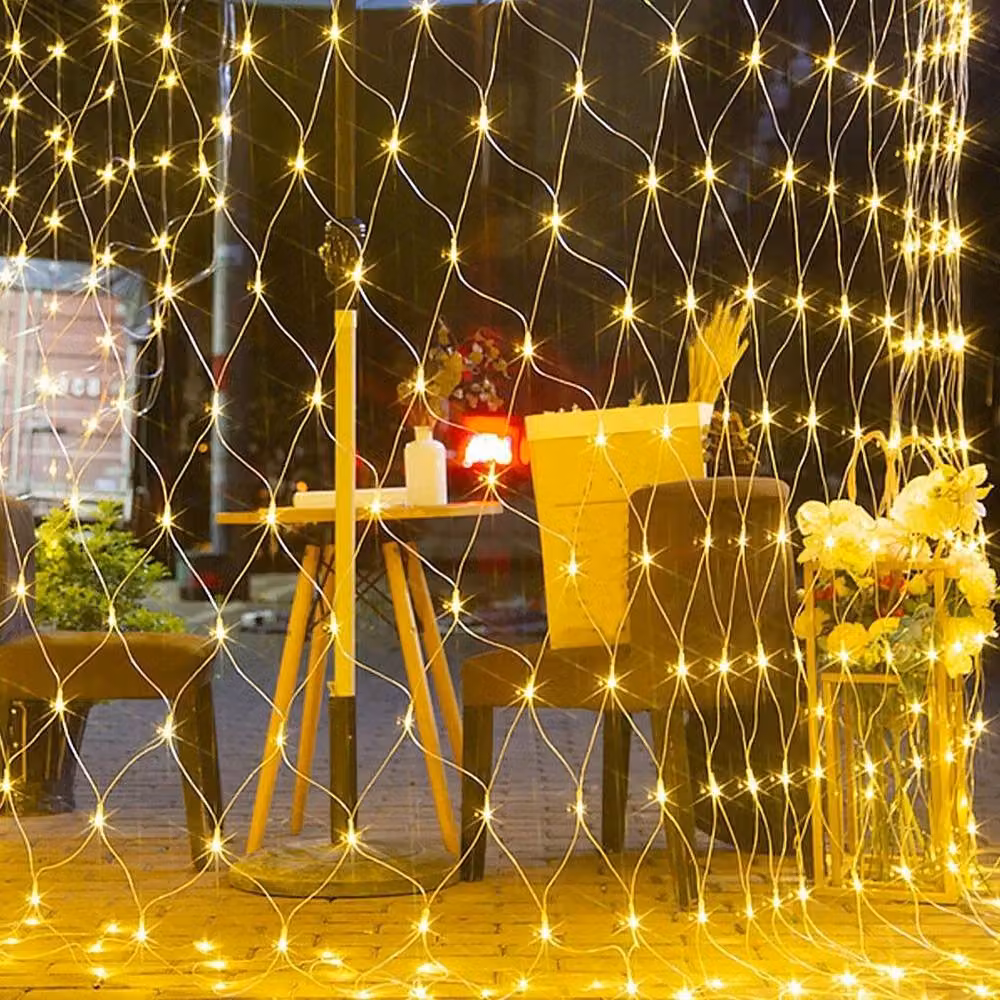 FLAVORA Solar LED Multicolour Warm White Mesh Curtain Fairy String Lights with Timer – 4