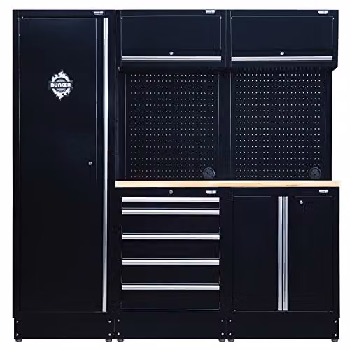 Draper BUNKER 04488 Modular Storage Combo with Hardwood Worktop, 11-Piece Black Steel and Wood Lockable Unit – 1