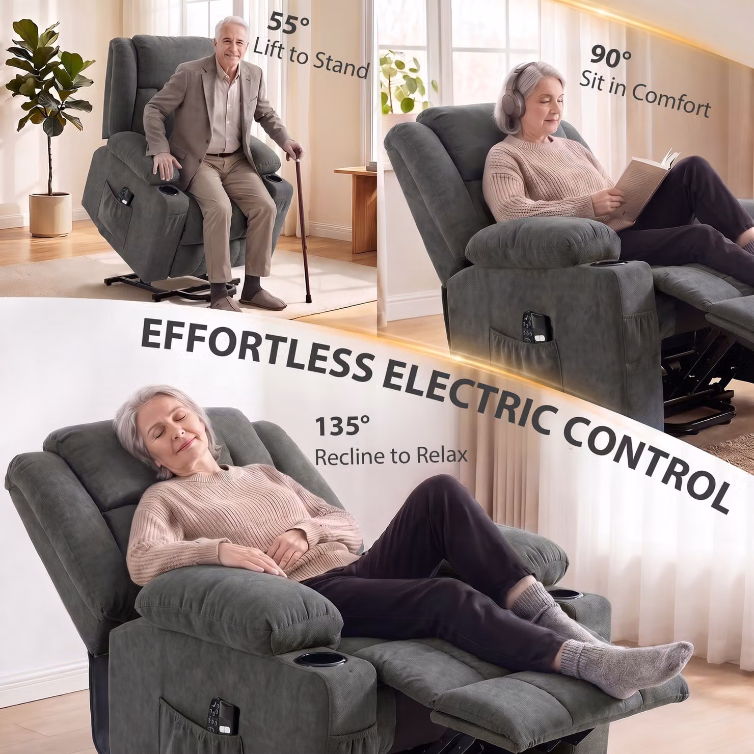 HOMCOM Dual Motor Electric Lift Recliner Chair with Massage and Heat, Dark Grey – 4