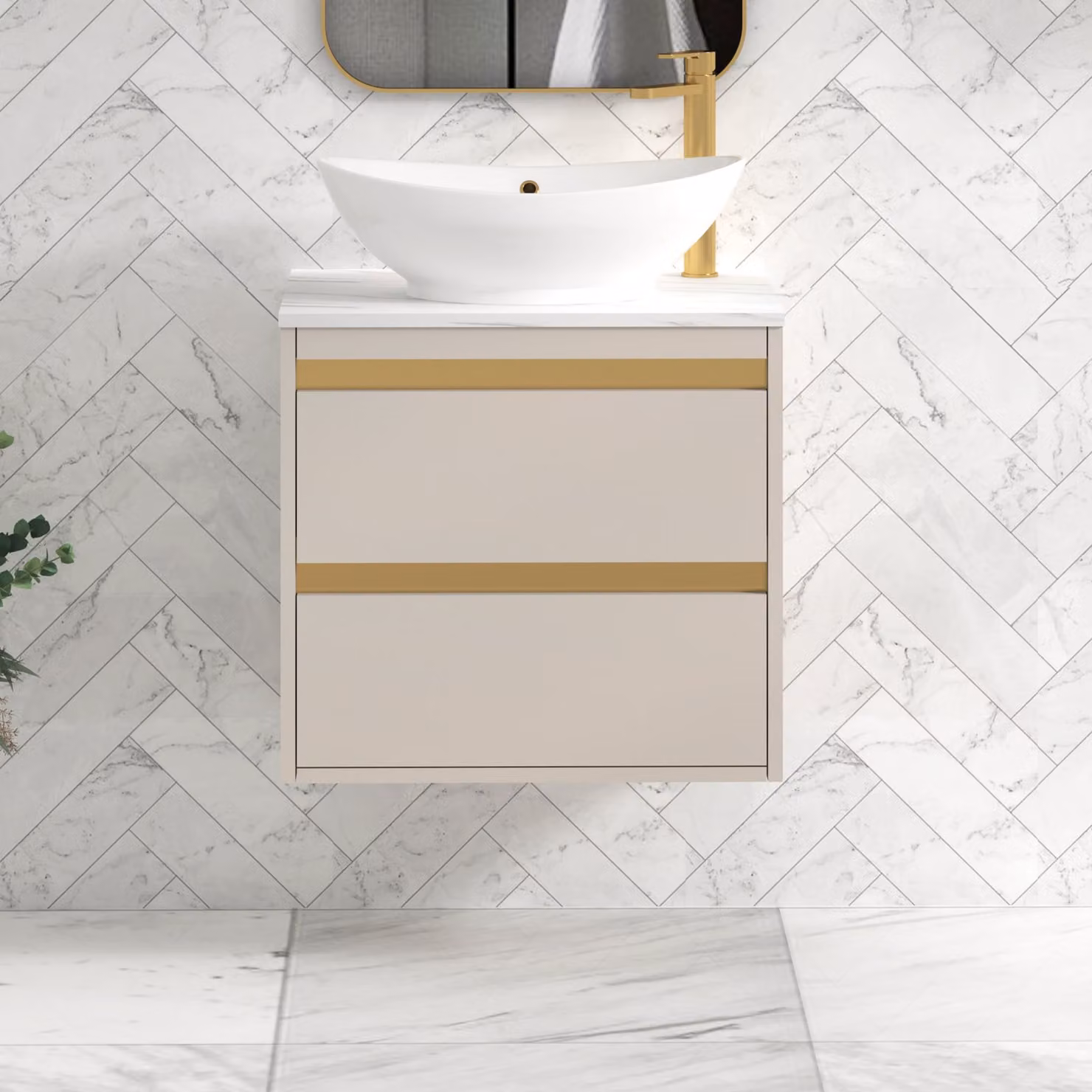 Royal Bathrooms Orion 800mm Warm Taupe Wall Hung Vanity Unit with Amaze Basin and Brushed Brass Accent Trim