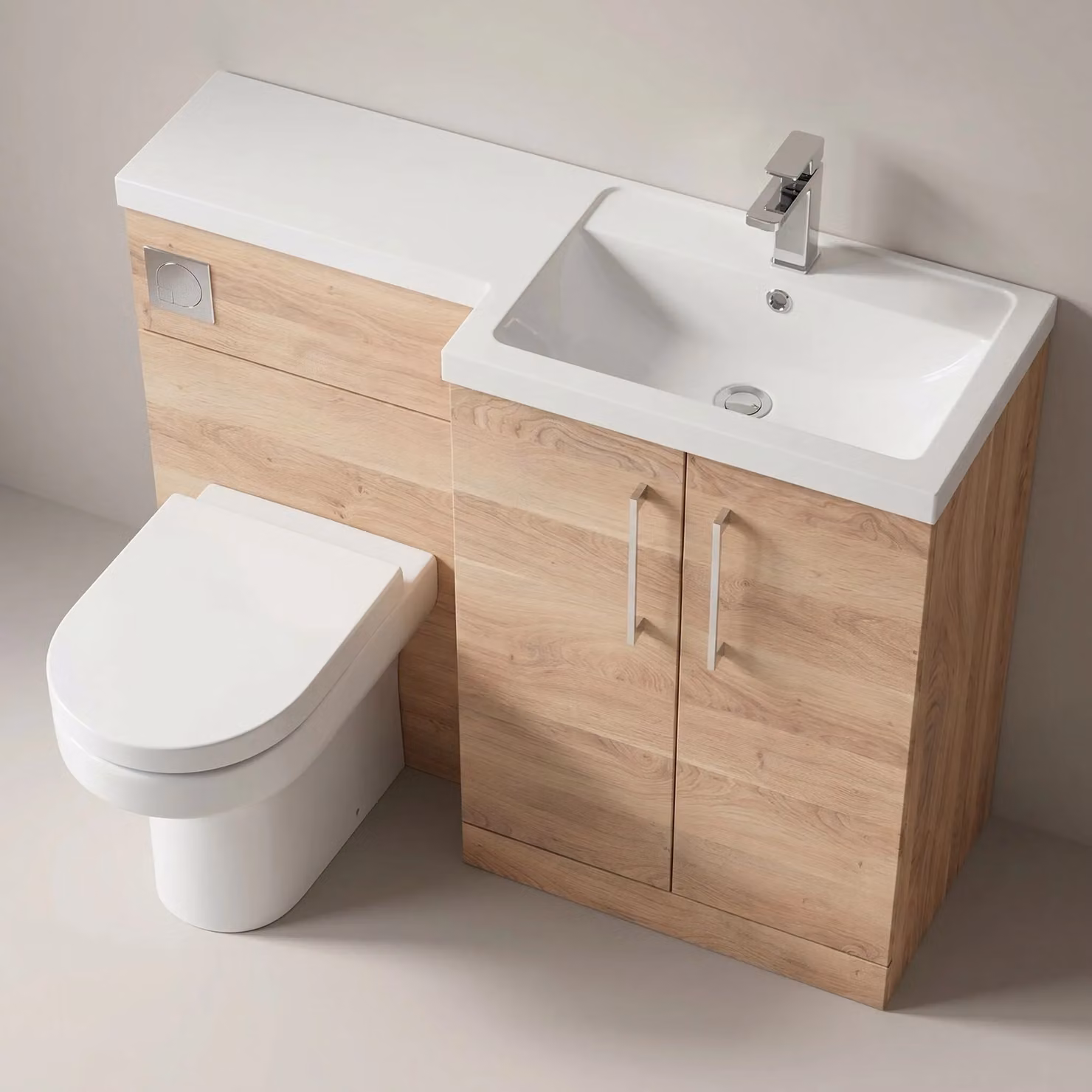 Balterley Modern Freestanding Floor Standing Bathroom Vanity, WC Unit, Pan, Seat and Cistern Set in Bleached Oak Brown – 2