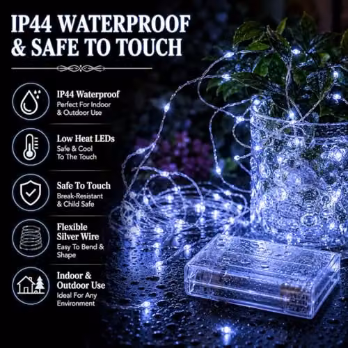 SHATCHI 40 LED Cool White Fairy String Lights with Silver Copper Wire, Battery Operated and Waterproof for Indoor and Outdoor Decoration – 5