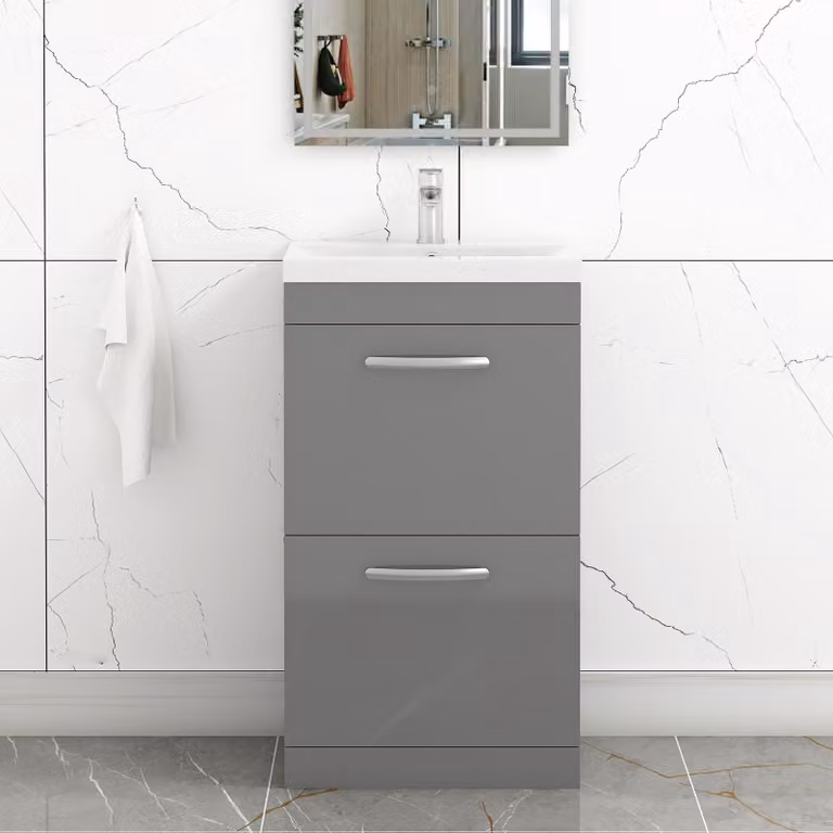 Royal Bathrooms Turin Indigo Grey Gloss 2 Drawer Floor Standing Vanity Unit with Mid-Edge Basin