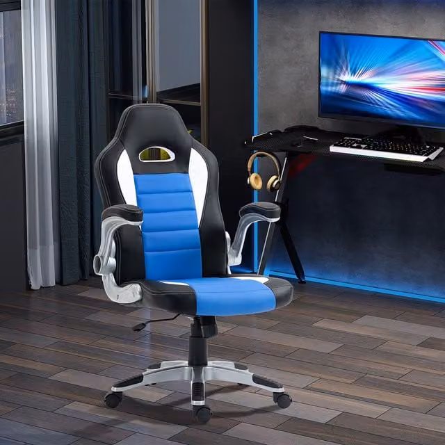 HOMCOM Blue and Black Synthetic Leather Swivel Gaming Chair with Headrest and Armrests