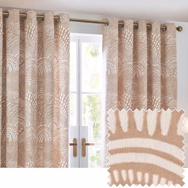 Make It A Home Set of 2 Nola Abstract Cotton Eyelet Curtains in Yellow and Beige, Height: 183 cm