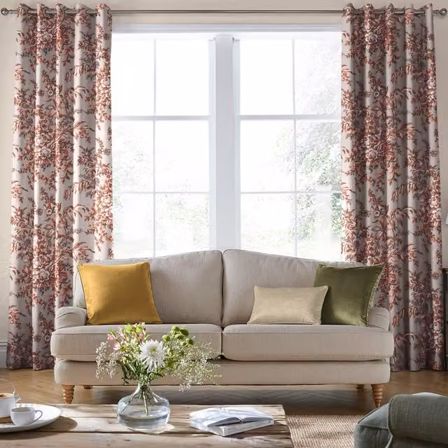 Laura Ashley Picardie Made to Measure Floral Velvet Eyelet Curtain Panel in Embers Red and Multicolour