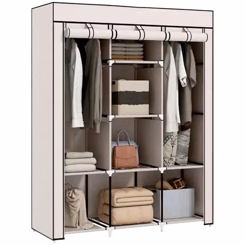 HOMCOM White Fabric Wardrobe with Internal Shelves and Hanging Rod, W/D/H: 125 x 43 x 162.5 cm