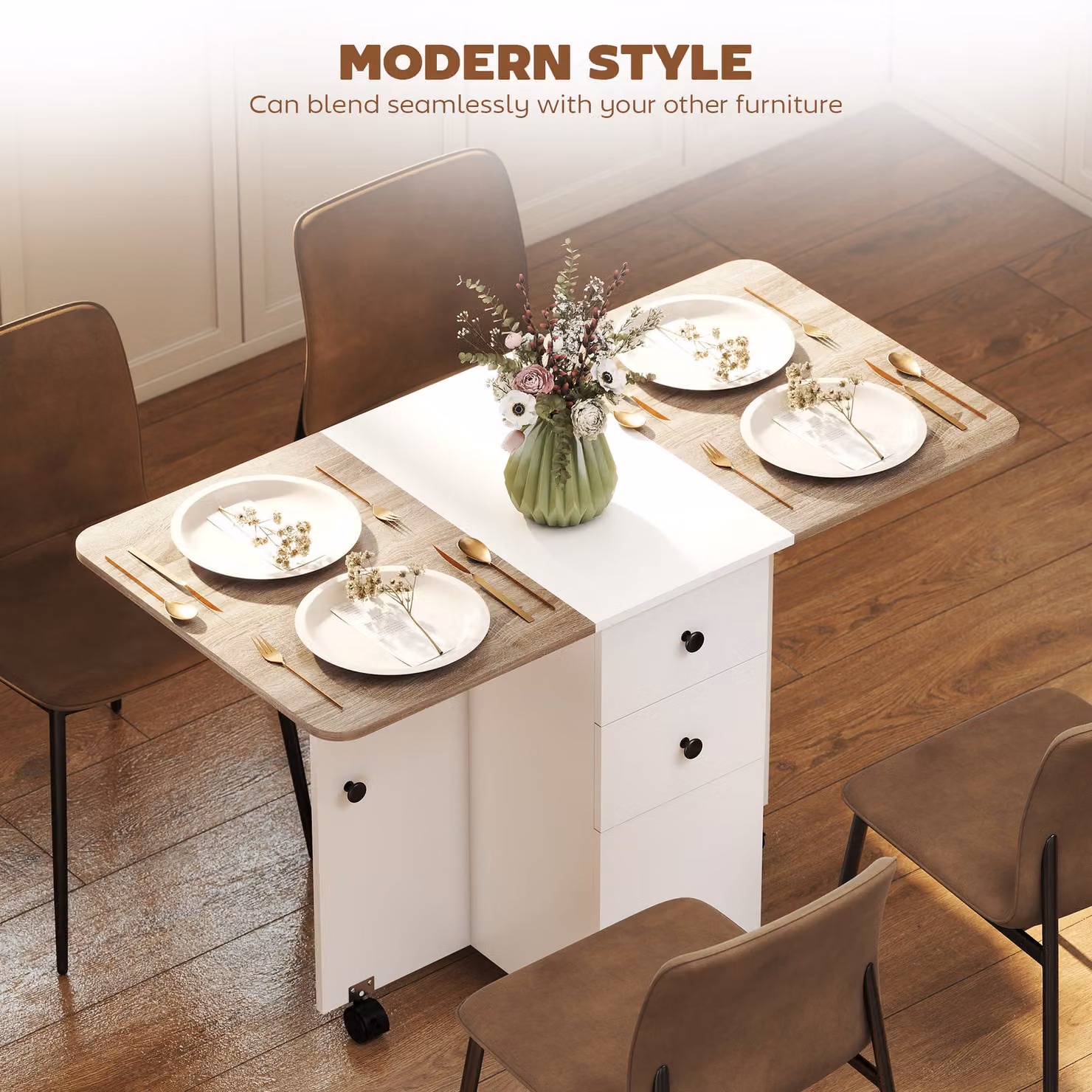 HOMCOM Multi-Storage Six-Person Drop Leaf Dining Table in Oak and White – 3