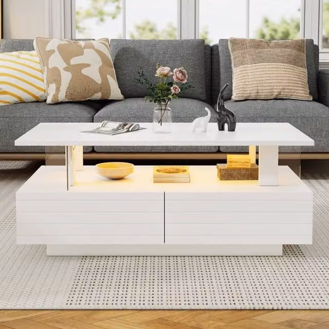 ModernLuxe LED Coffee Table with Open Storage and 2 Drawers in White