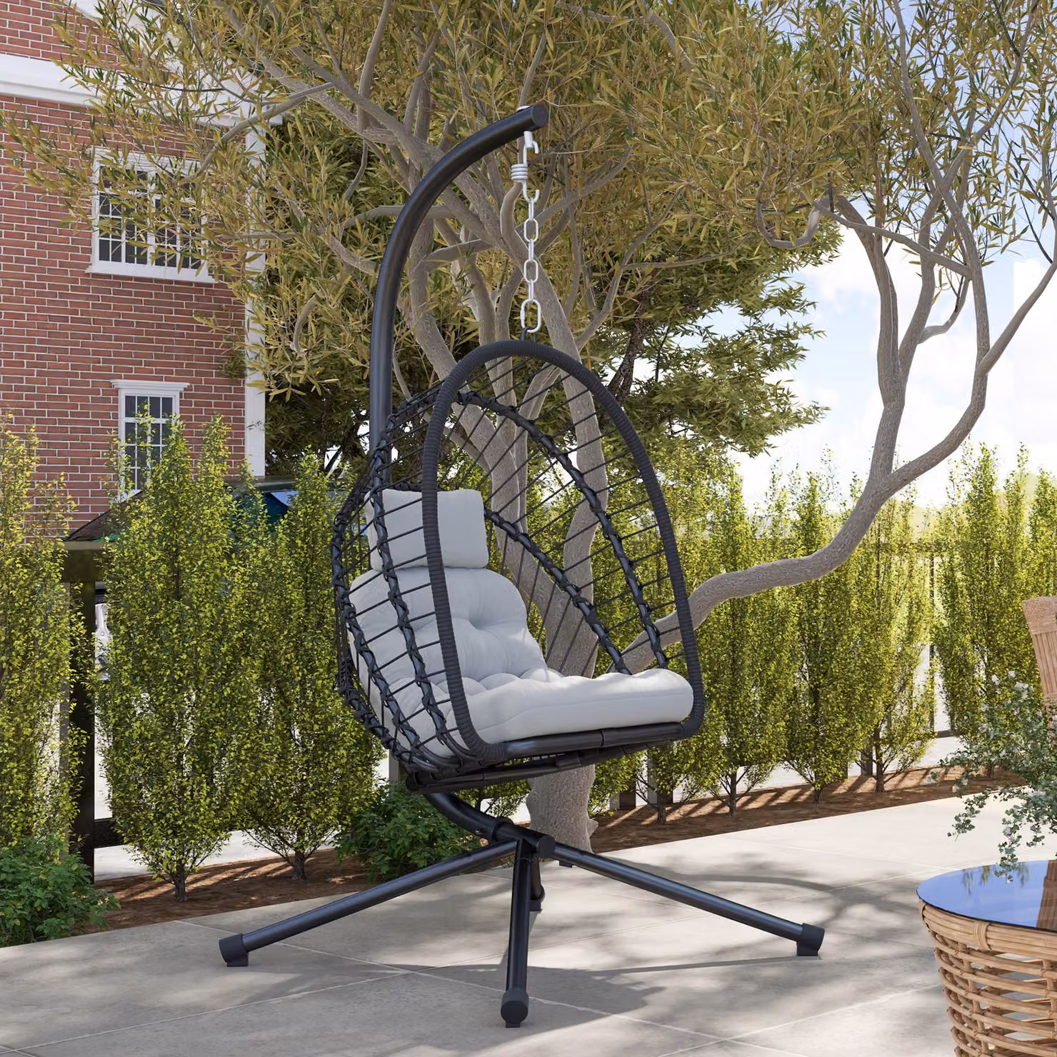 Outsunny Black PE Rattan Egg Swing Chair with Metal Stand, Cushions and Adjustable Headrest for Indoor and Outdoor Use – 7