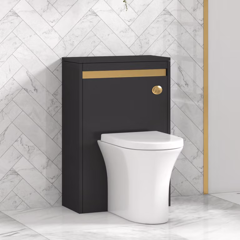 Royal Bathrooms Orion 540mm Matt Obsidian Black BTW WC Unit with Breeze Rimless Toilet Pan, Seat and Cistern with Brushed Brass Accent Trim