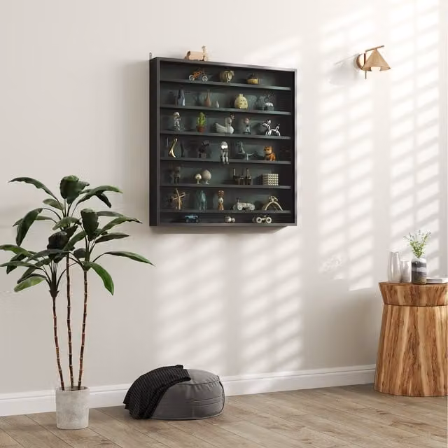 HOMCOM Wall Mounted Display Shelf Cabinet with Glass Doors, Black