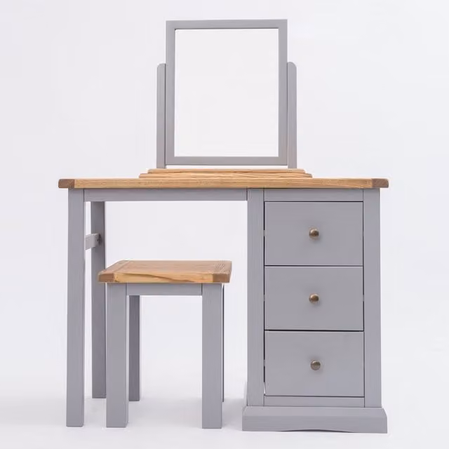 Cabinet Bits Rocca 3 Drawer Dressing Table Set in Grey Ash Wood with Brass Knobs