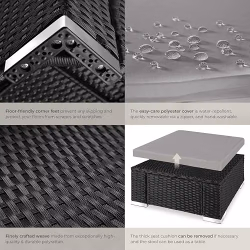 tectake Bitonto Rattan Footstool in Black and Grey – 6