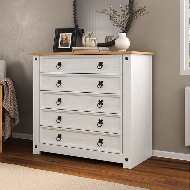 Mews Corona White 5 Drawer Chest of Drawers in Rustic Whitewash Solid Pine