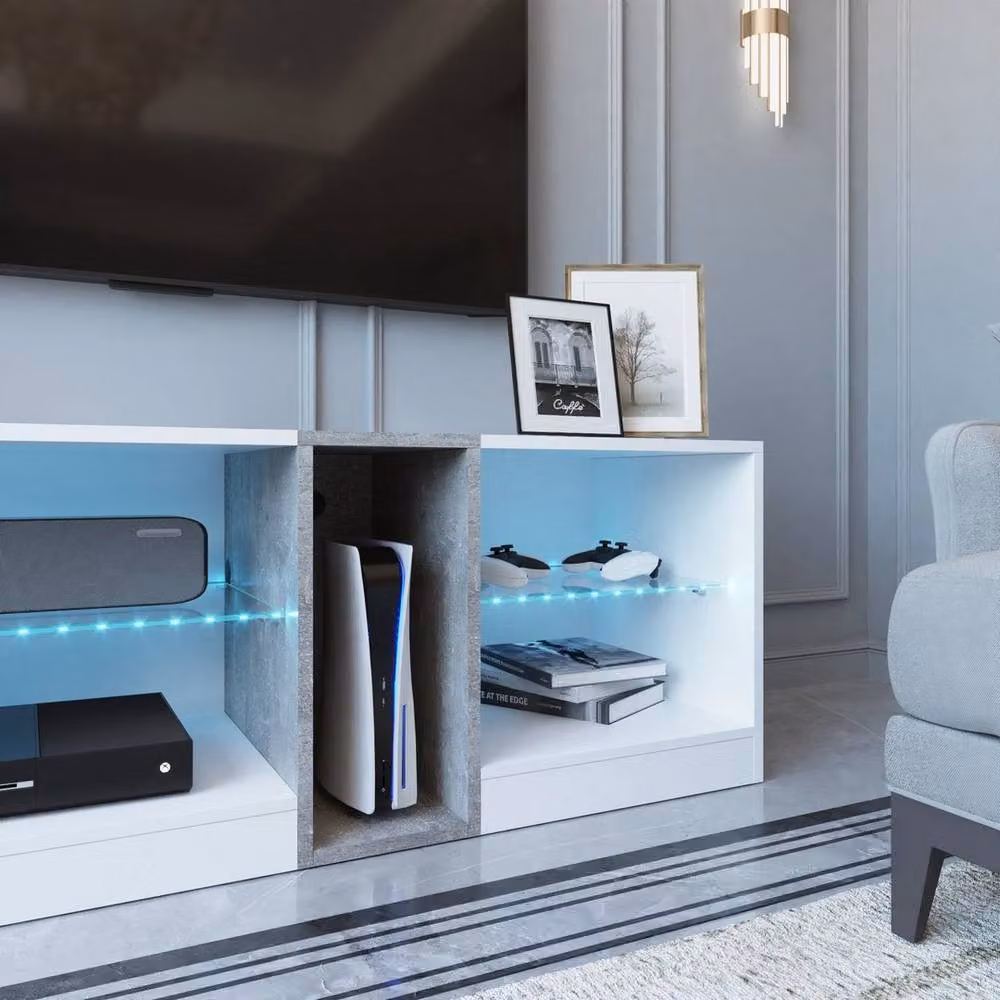 KORVIXA Mondeer LED TV Cabinet in White with Integrated Lighting, W: 140 cm, D: 100 cm, H: 100 cm – 4