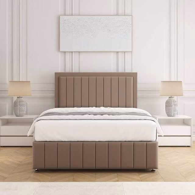 BSSPOKE Sophia Small Double Divan Bed Set in Taupe Plush Velvet with Headboard and Mattress, W/D/H: 120 x 200 cm