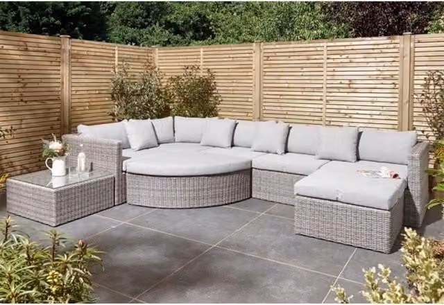 Cheshire 8 Seater Multifunction U-Shape Garden Sofa Set with Flat Wicker Weave and Upholstered Cushions in Light Grey – 1