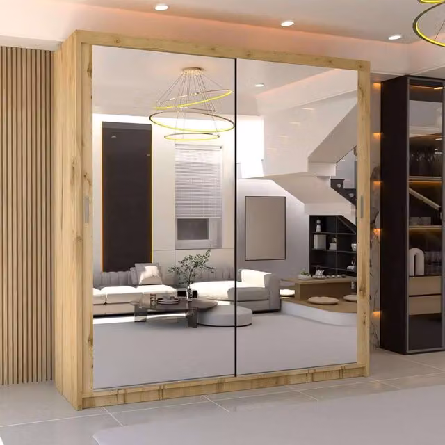 MN Furniture Double Mirror Sliding Door Wardrobe in Light Oak, W: 90 cm, H: 200 cm